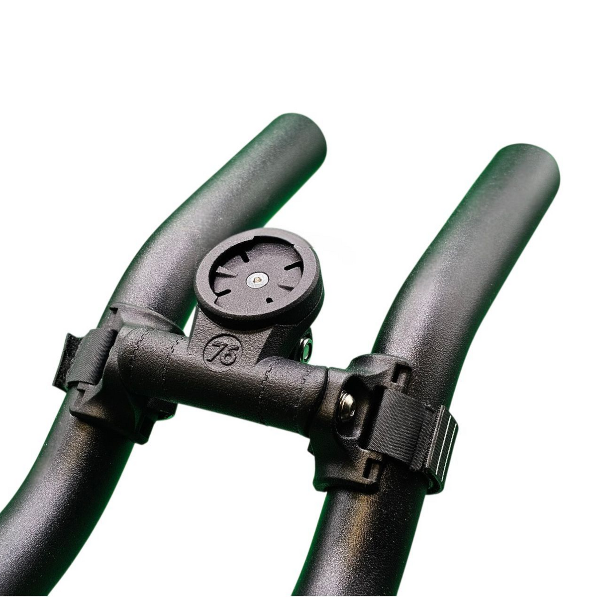 Bicycle handlebar with a black mount on a white background